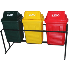CONJUNTO 03 LIXEIRAS – 60 LTS COM SUPORTE EM AÇO ( VERMELHO, AZUL E MARROM )