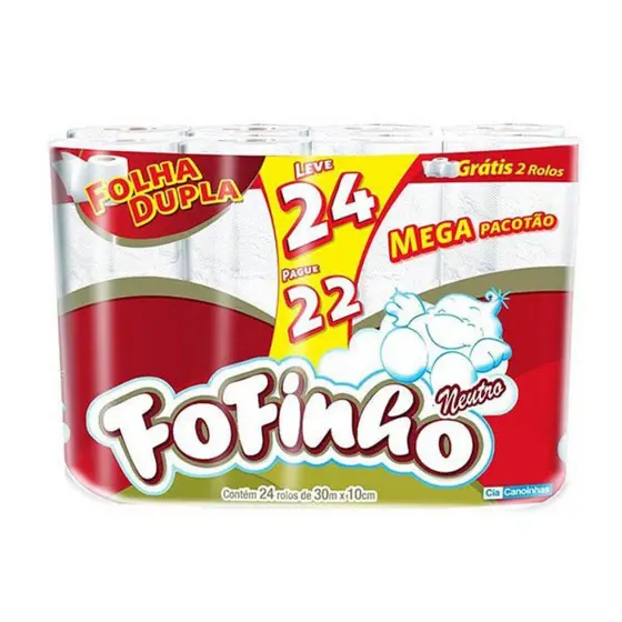 Papel Higiênico Fofinho Folha Dupla 30 Metros Leve 24 Pague 22 Rolos